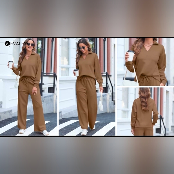 2-Piece Lounge Set: Coffee Brown V-Neck Top and Wide Leg Pants - Picture 3 of 9